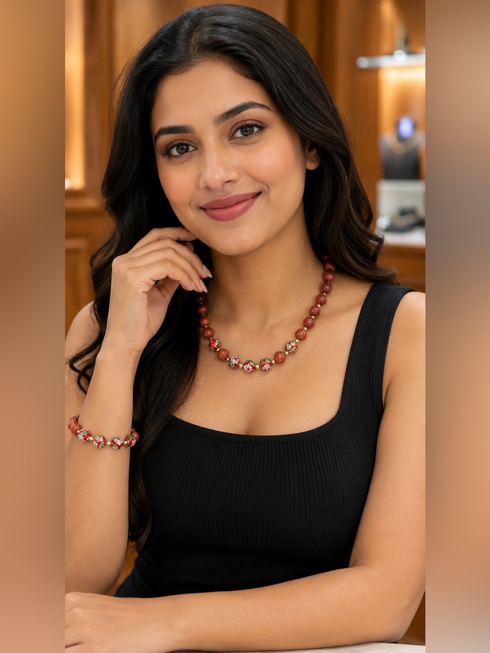 Goldstone and Cloisonné Necklace and Bracelet Set